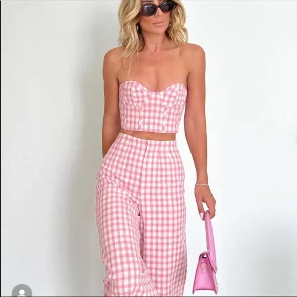 Zara Pink Gingham Check Corset Style Strapless Bustier Crop Top & Pants Set - Picture 1 of 5